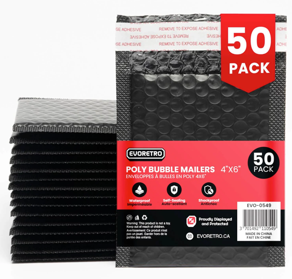EVORETRO Poly Bubble Mailers 4X6" – Black (50-Pack) - 8 Unit Case